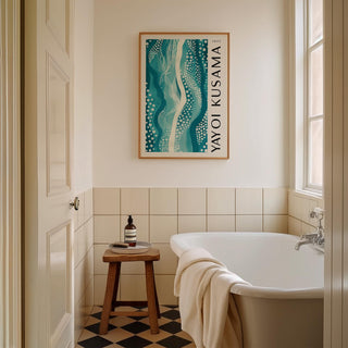 Abstract picture on the bathroom wall above a wooden stool with a bottle and tray