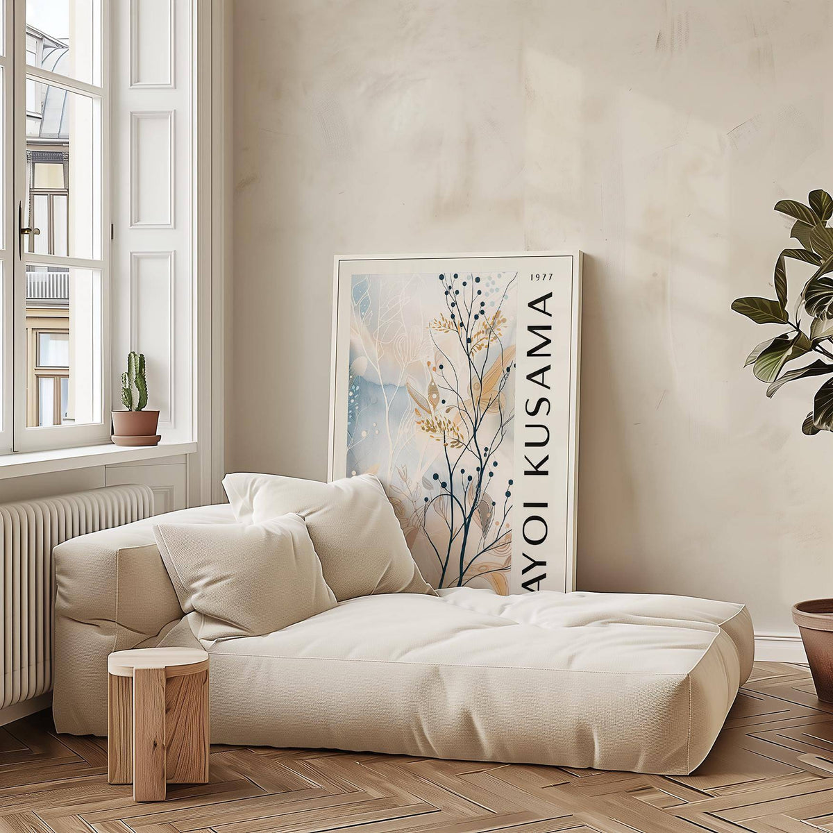 Large neutral wall art with branches and berries leaning on the floor next to a beige sofa and small wooden table