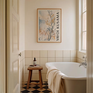 Large Neutral Wall Art of delicate branches and berries in soft blue and beige tones above a wooden stool by a bath