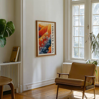 Blue Orange wall decor with abstract flowers in orange and blue tones hanging near a window in a sitting area