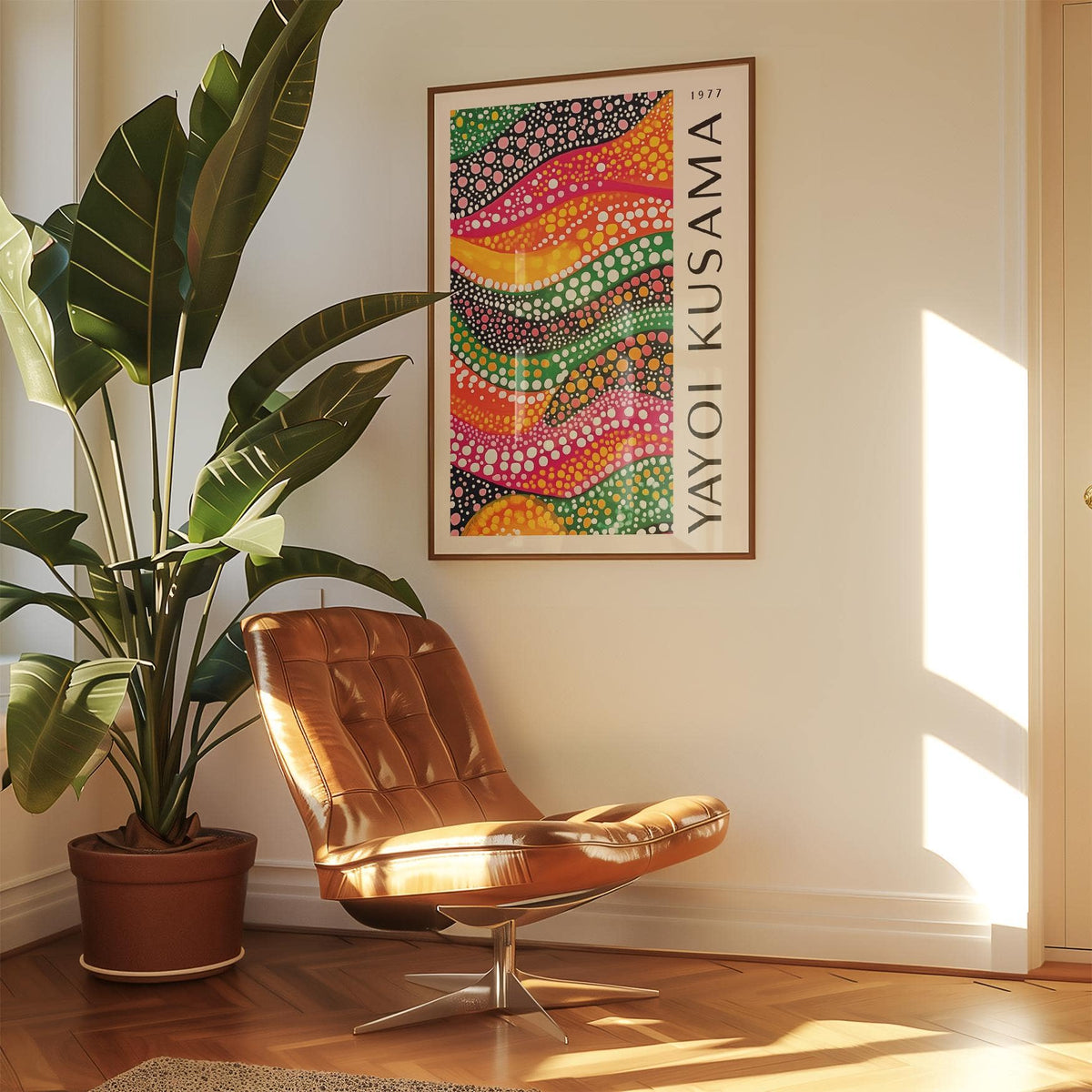 Polka Dot Art wall print with colourful dotted waves above a brown modern chair and beside a large indoor plant
