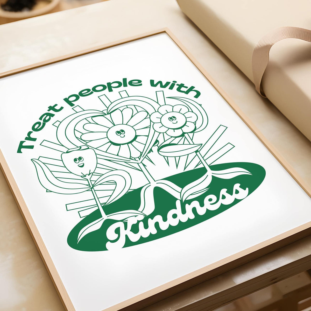 Framed Positive Poster close-up of smiling green flowers with a heart detail on a surface