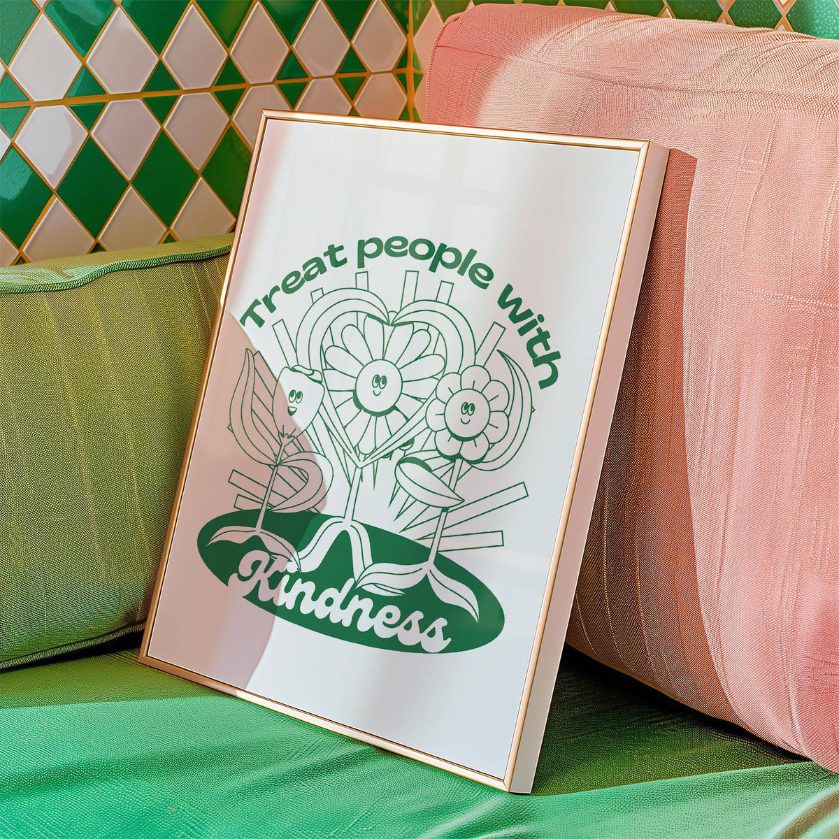 Positive Poster framed print close-up with green typography and smiling flower illustration leaning on colourful cushions