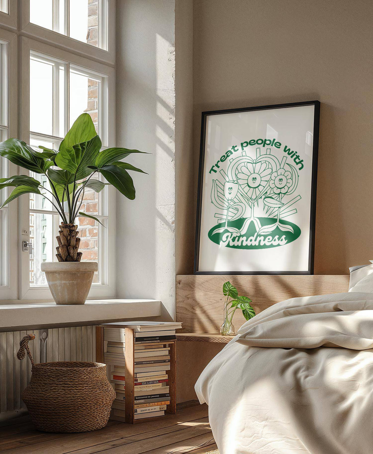 Positive Poster leaning on a wooden headboard with smiling flowers and green typographic design in a bedroom