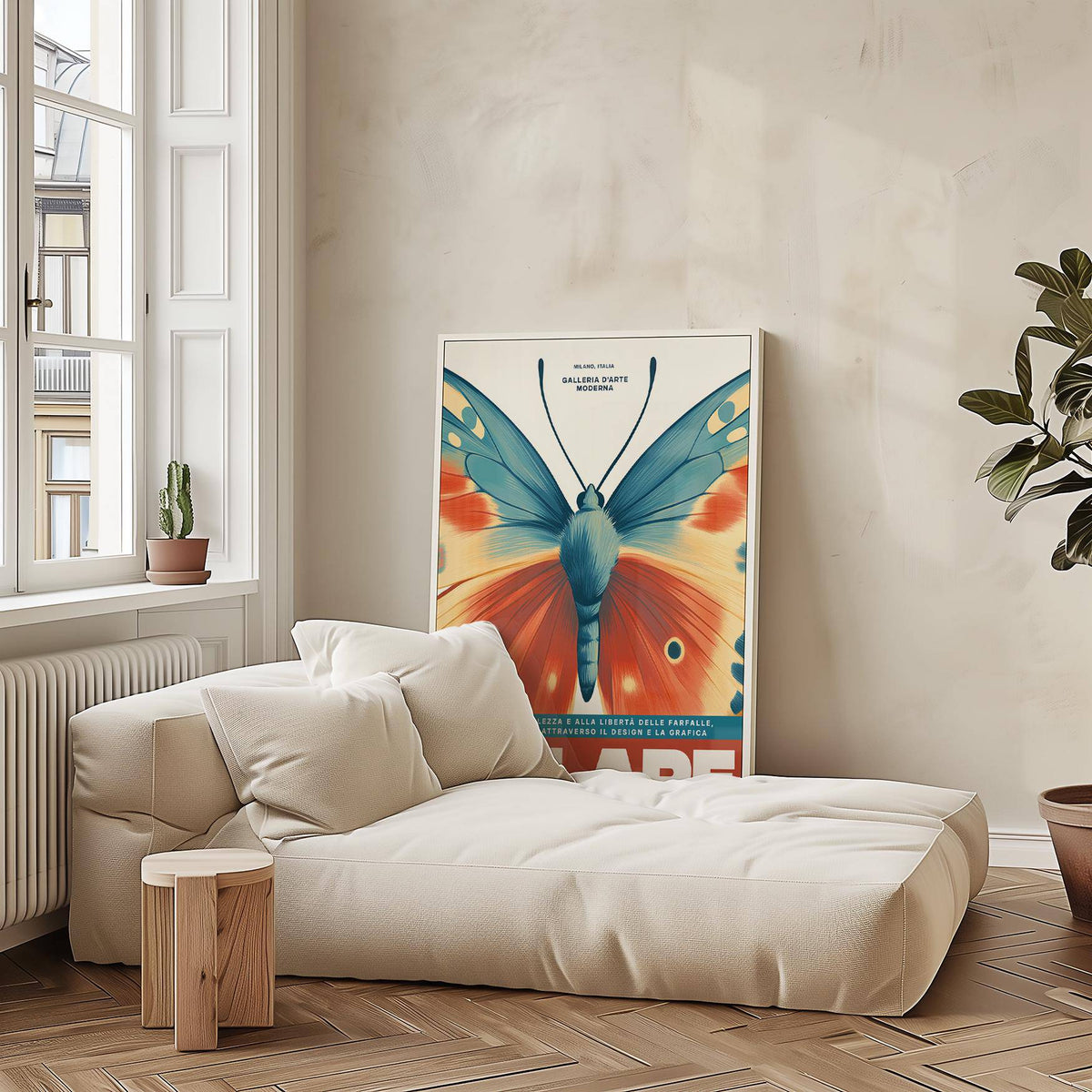 Print leaning on the floor showing butterfly wall art with vintage blue and orange wings near a cream sofa and wooden stool