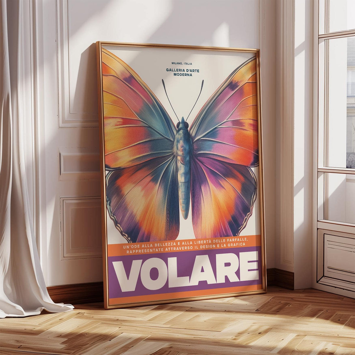 Large Butterfly Print leaning on a wooden floor with sunlight and white curtains nearby