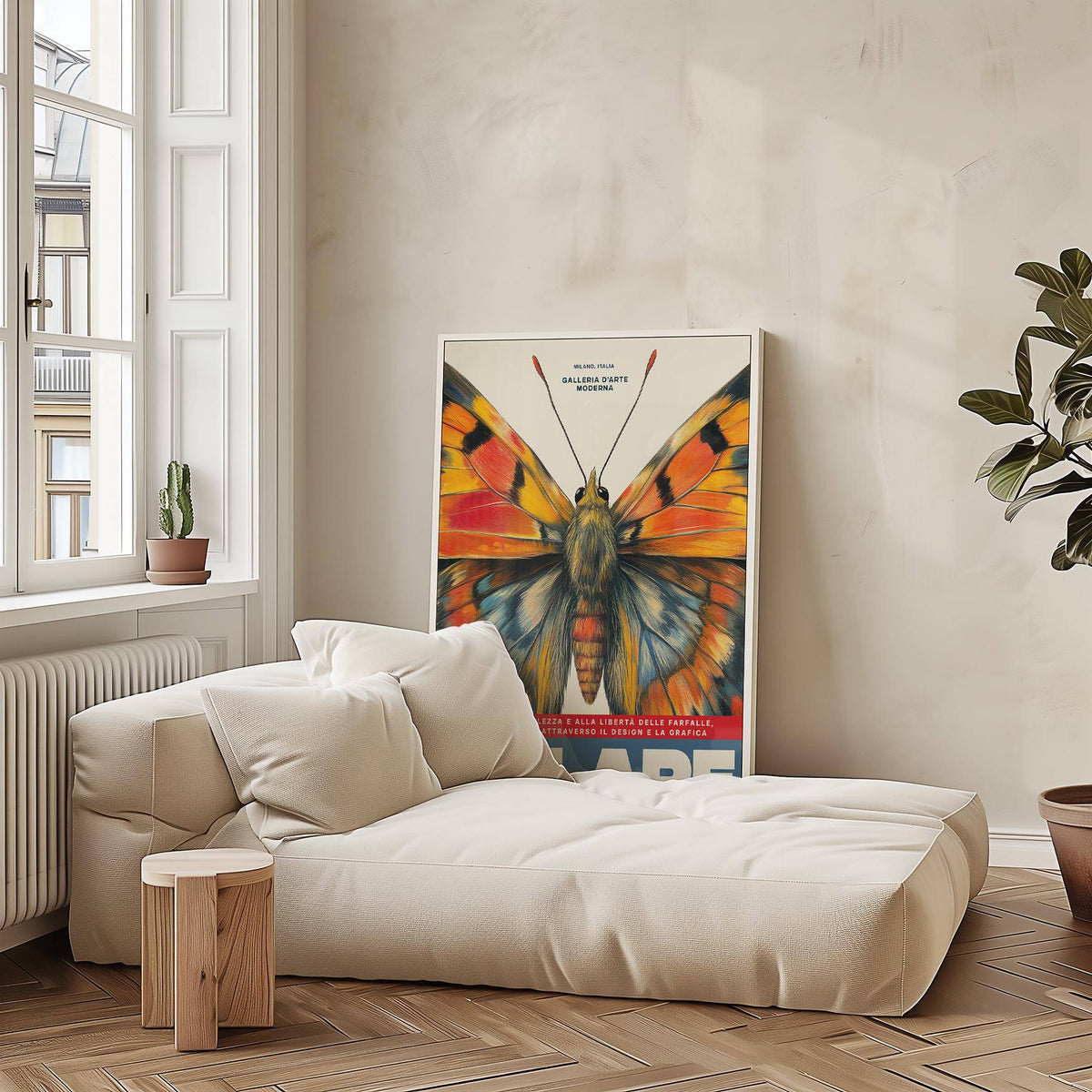 Butterfly art wall print leaning on the floor with orange and blue wings near a white sofa