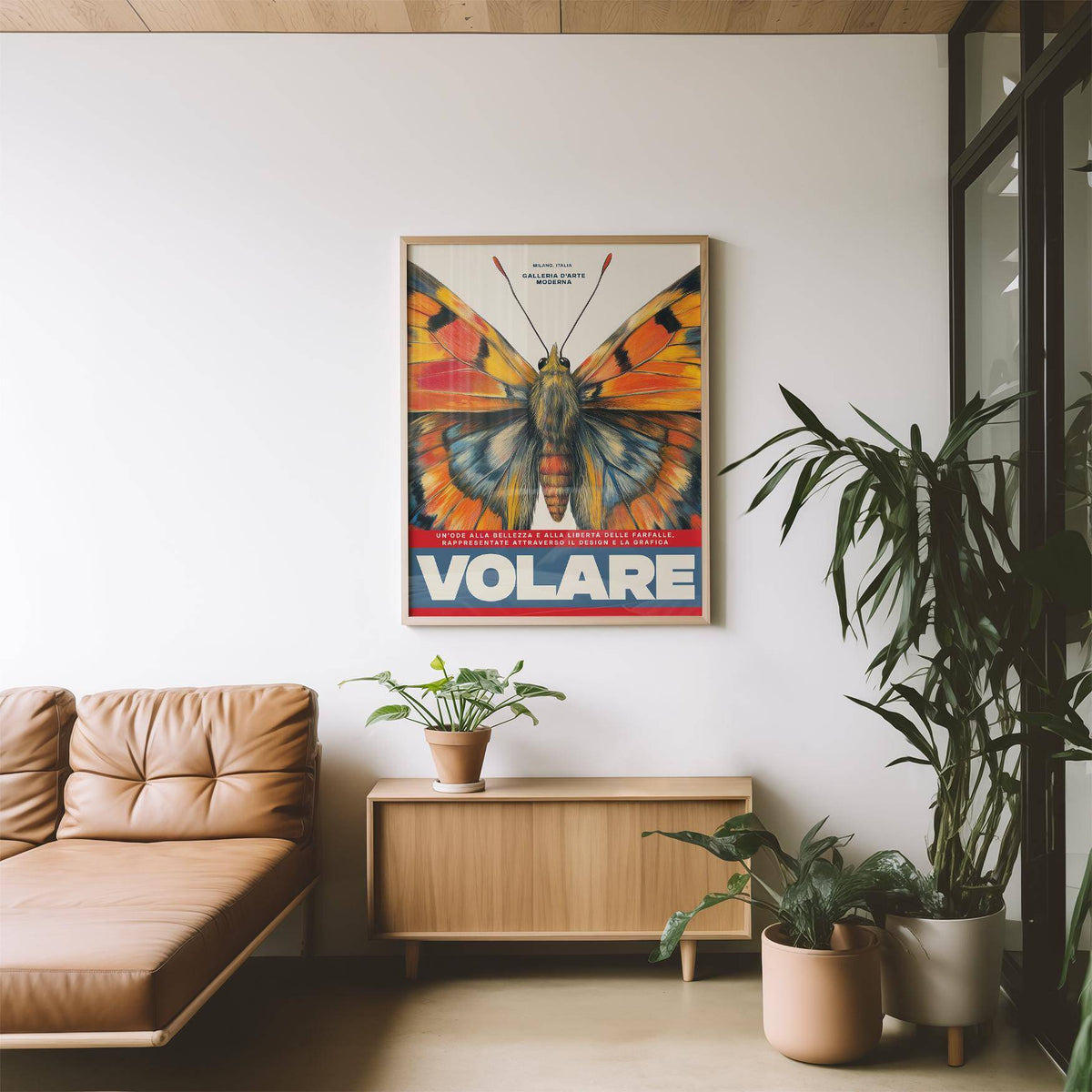 Butterfly art wall print of colourful butterfly wings above wooden sideboard in a room with plants