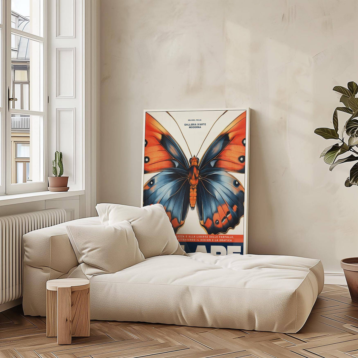 Print leaning on the floor of a blue and orange butterfly with typographic elements beside a sofa and plant