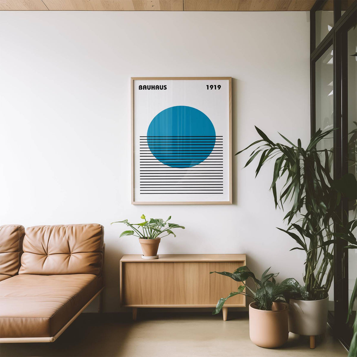 Minimalist Art print with a blue circle and black lines above a wooden cabinet surrounded by plants