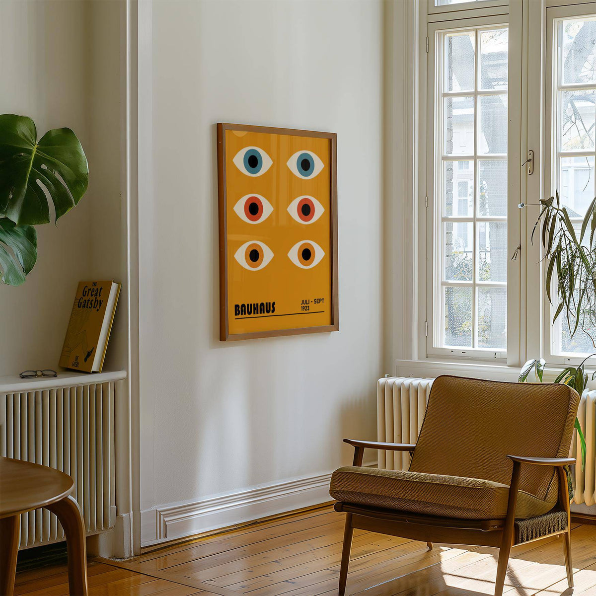 Eye Poster hanging on a white wall with stylised eyes in blue, orange and white in a living area with an armchair