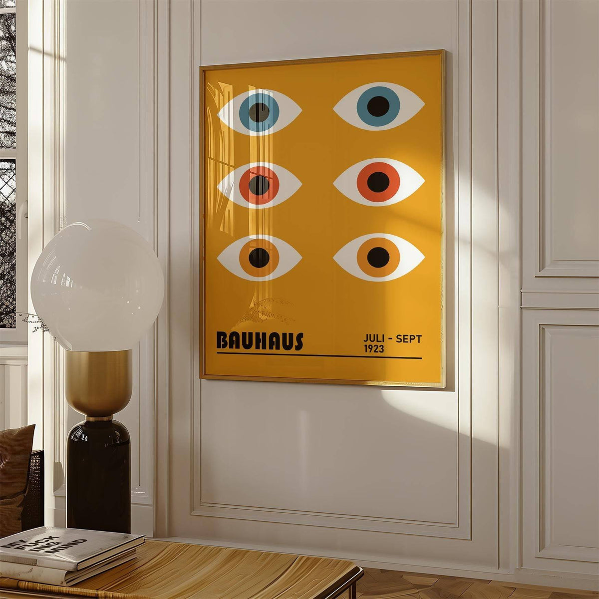 Eye Poster on a white wall with six stylised eyes in blue, red, and orange next to a lamp