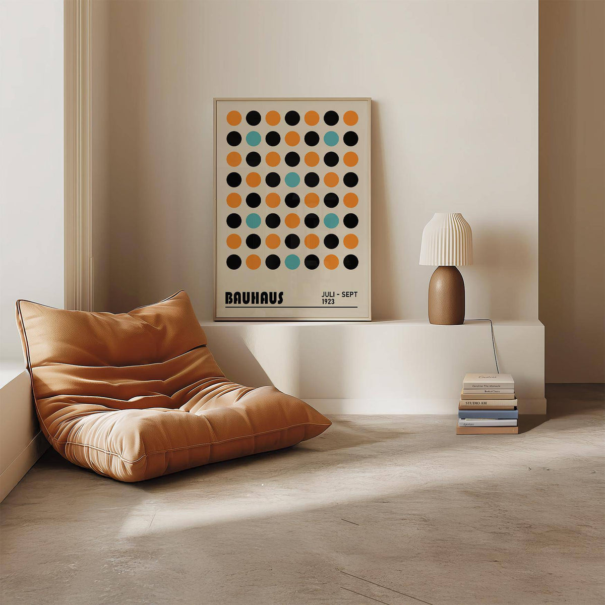 Geometric wall decor print with multicolour dots beside a brown lamp and leather chair in a beige room