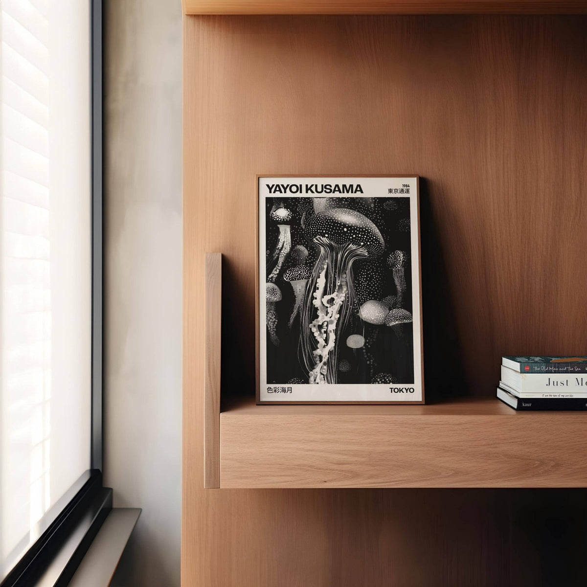 Jellyfish art print leaning on a wooden shelf with books nearby in natural light