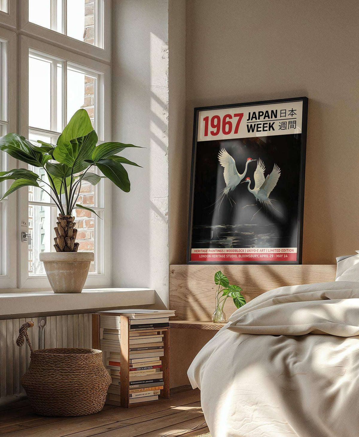 Crane art print illustrating two red-crowned cranes in flight in a bedroom with plants