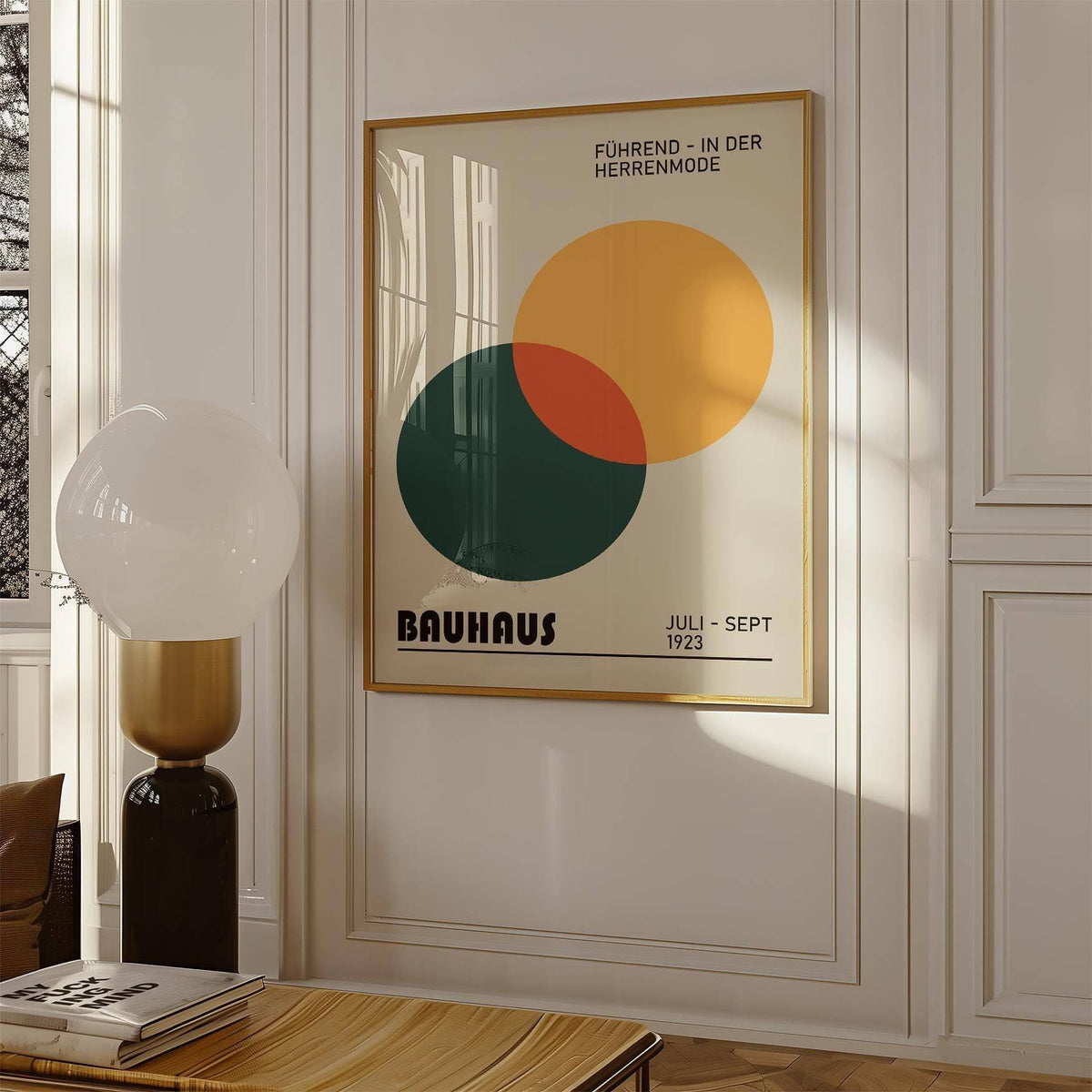 Print geometric framed print close-up of overlapping circles in yellow and dark green with a red section near a lamp