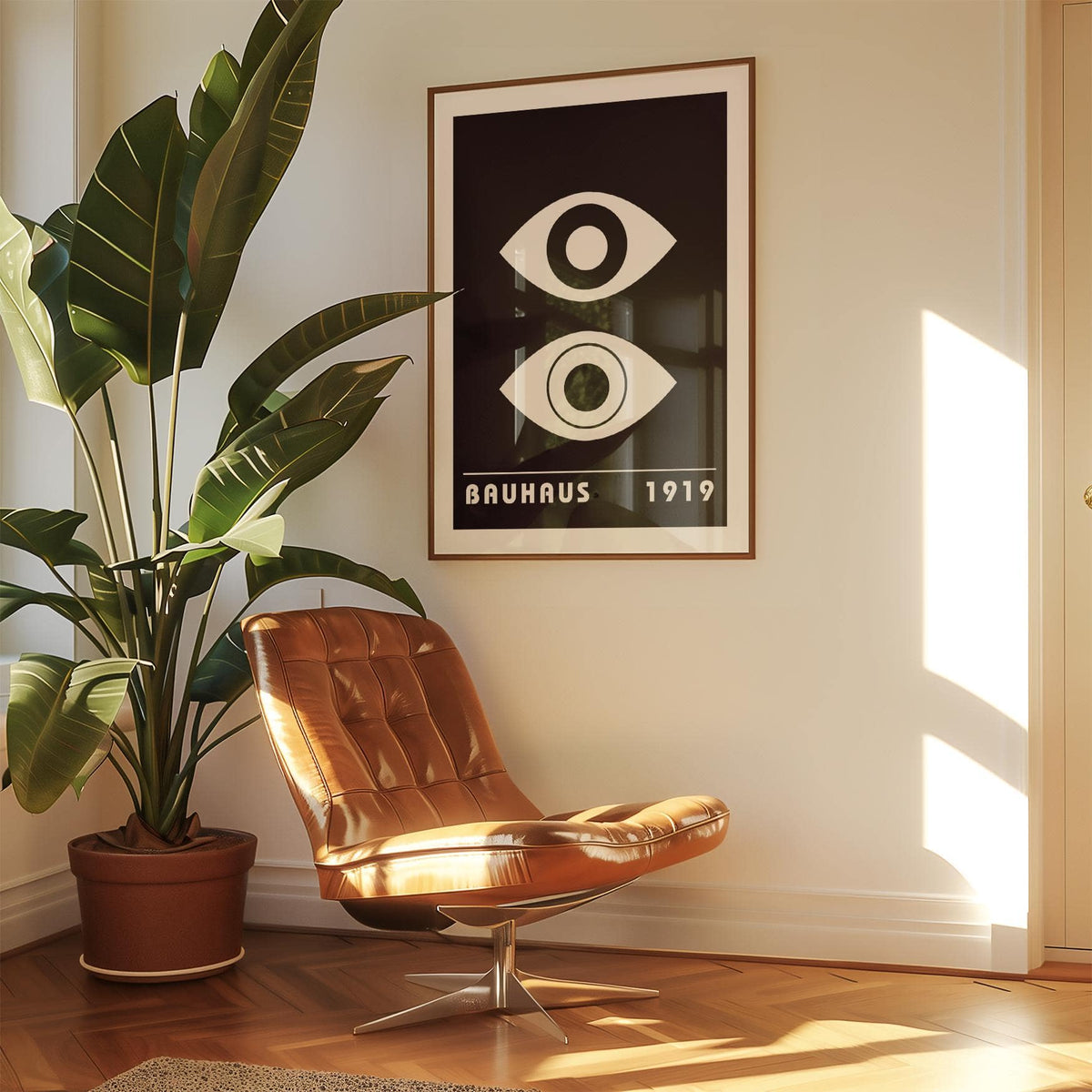 Eye Art print with abstract white eyes in a black background framed on a cream wall next to a leather chair and plant