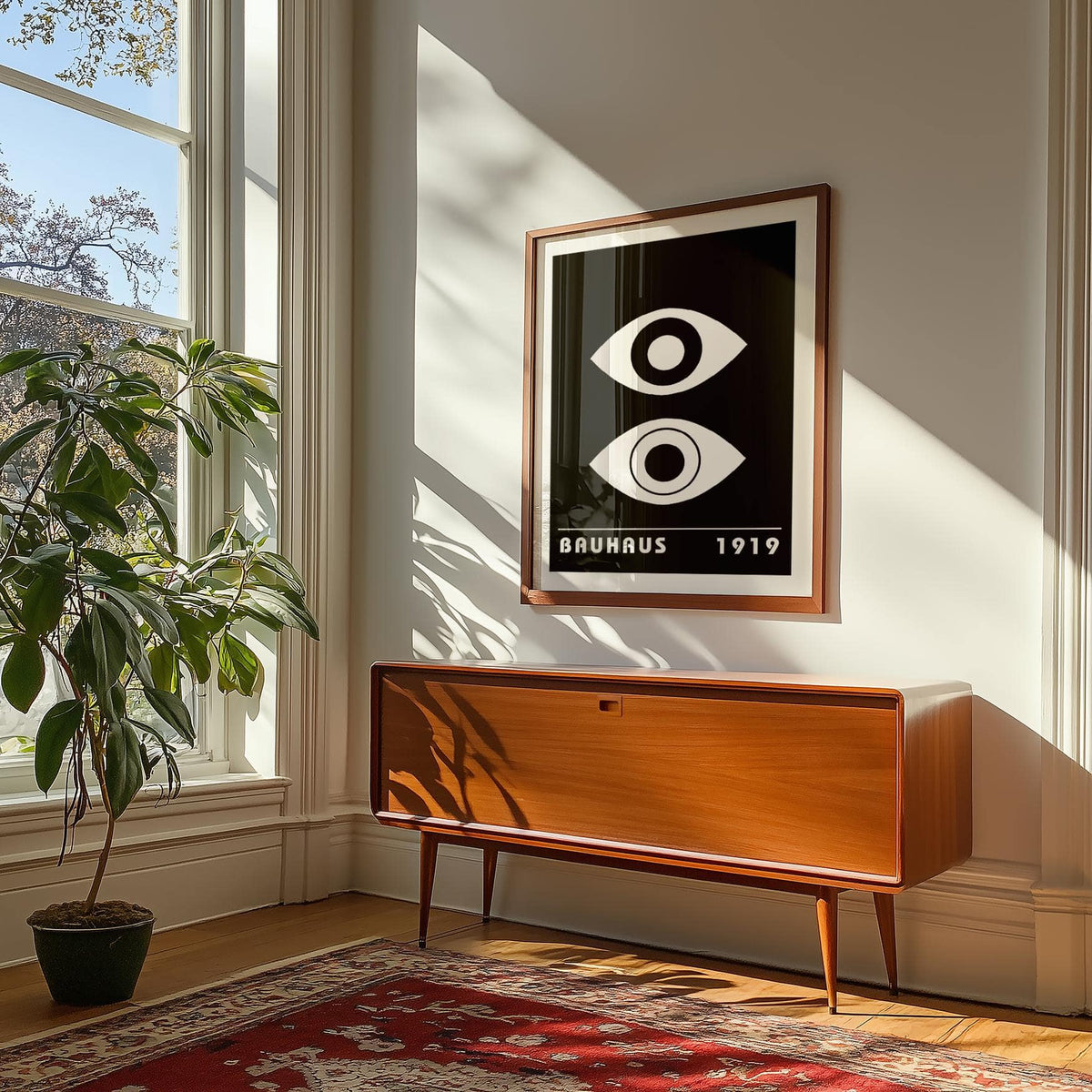 Eye Art print with abstract eyes and text in black and white above a sideboard with a plant nearby
