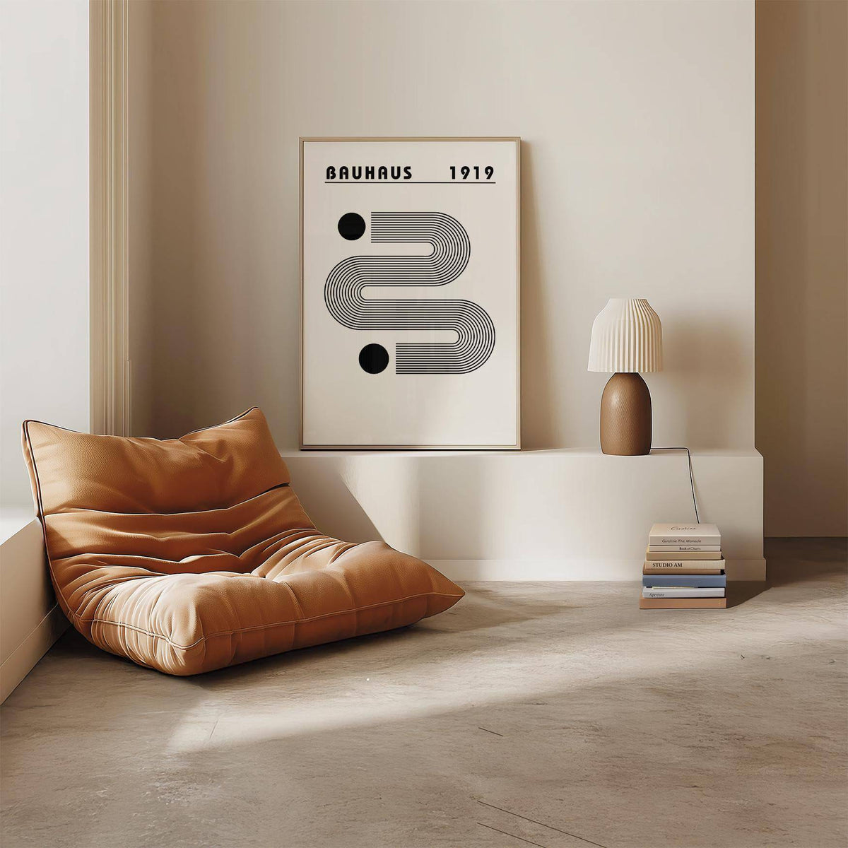 Print leaning on a shelf with Black and White Minimalist Art in Bauhaus style and a brown leather chair