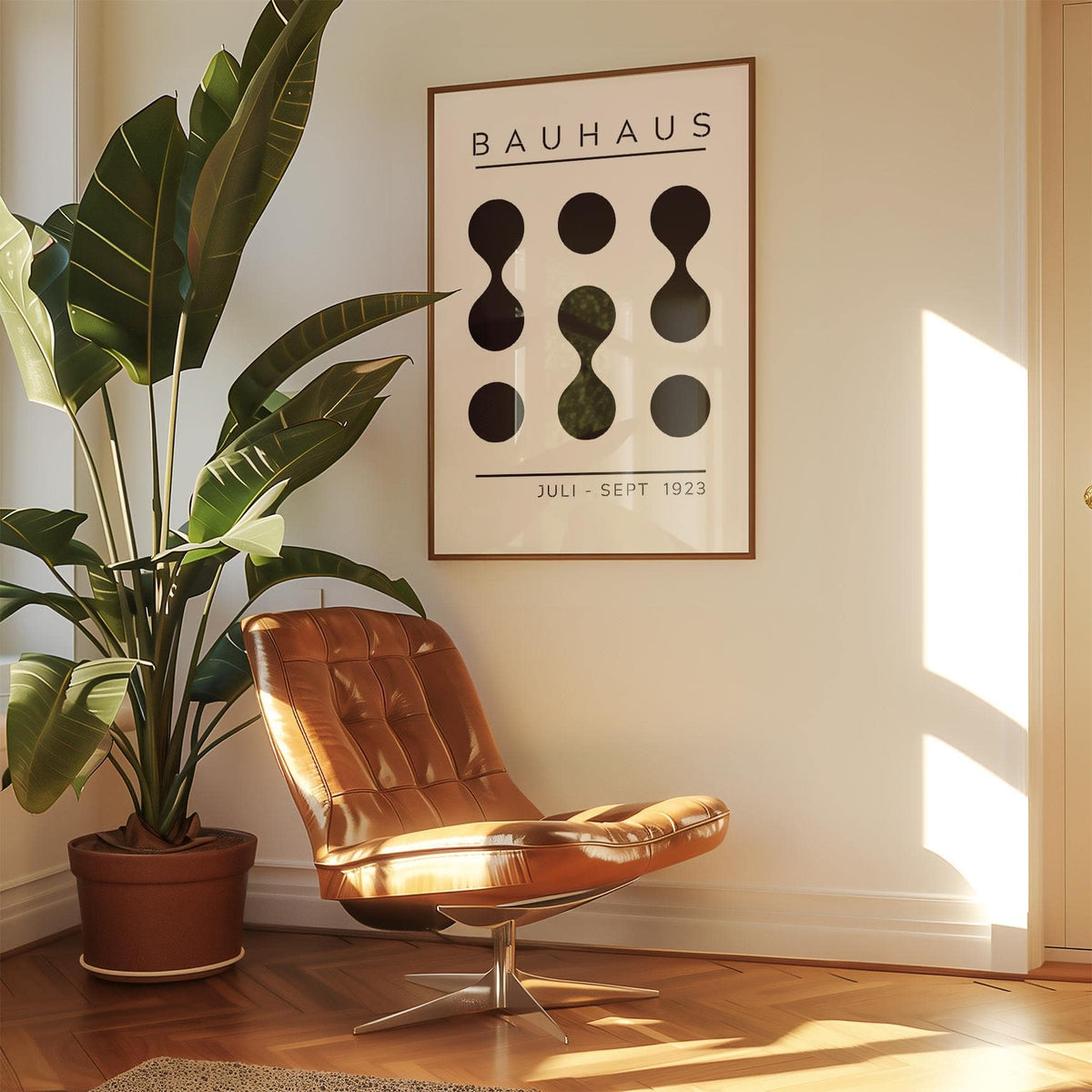 Black White Geometric Art print with abstract black shapes above a brown leather swivel chair in a sunlit room