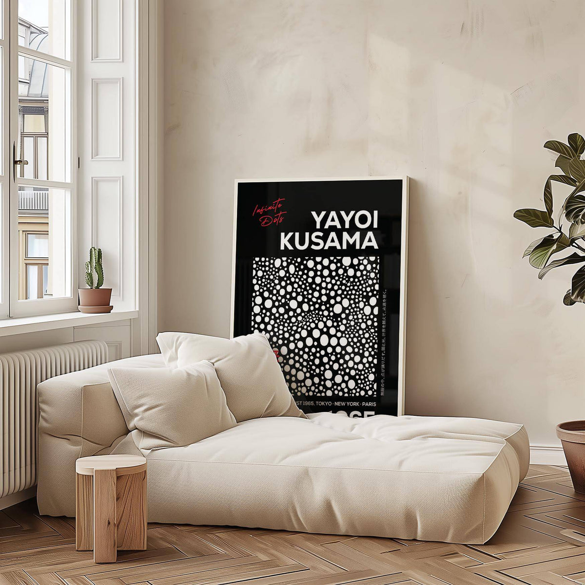 Polka dots wall art leaning on wall by cream sofa and small wooden stool in a living space