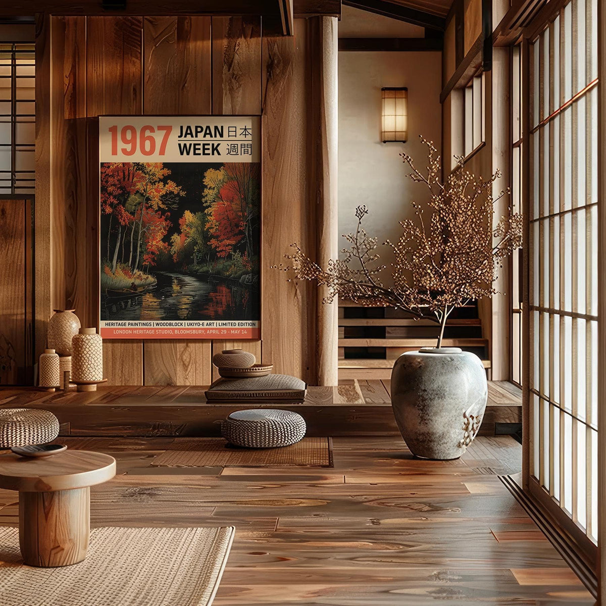 Japanese Woodblock Artwork on a wood-paneled wall in a cozy room with a large ceramic vase