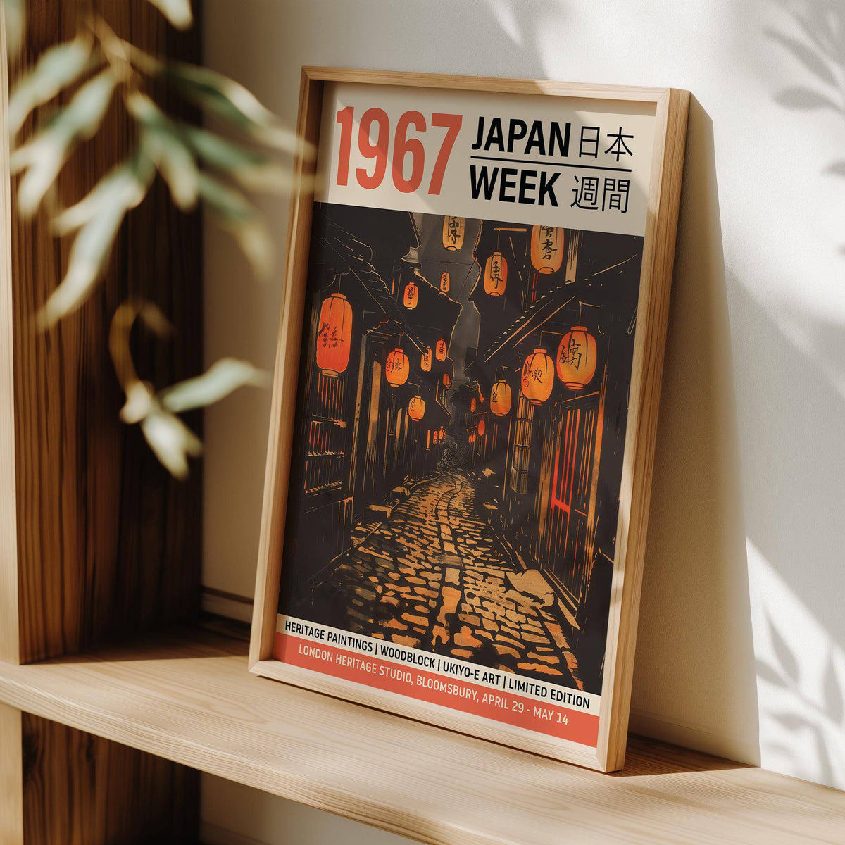 Framed print of Oriental Asian wall art with lantern-lit alley and vintage style leaning on a shelf