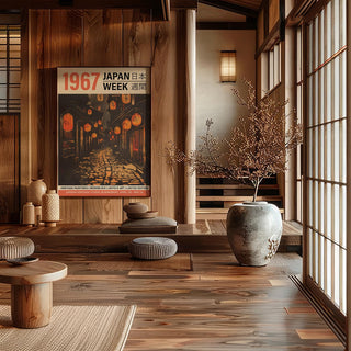 Oriental Asian wall art of a lantern-lit alley in vintage Japanese woodblock style in a wooden room with a large vase