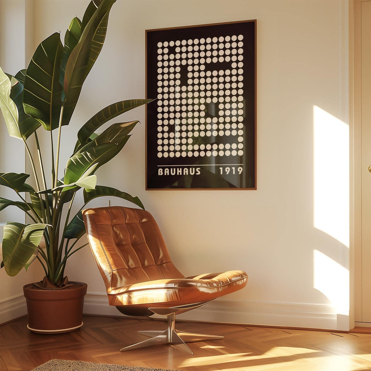Digital wall art with abstract dot pattern in black and white above a brown leather chair in a sunlit room