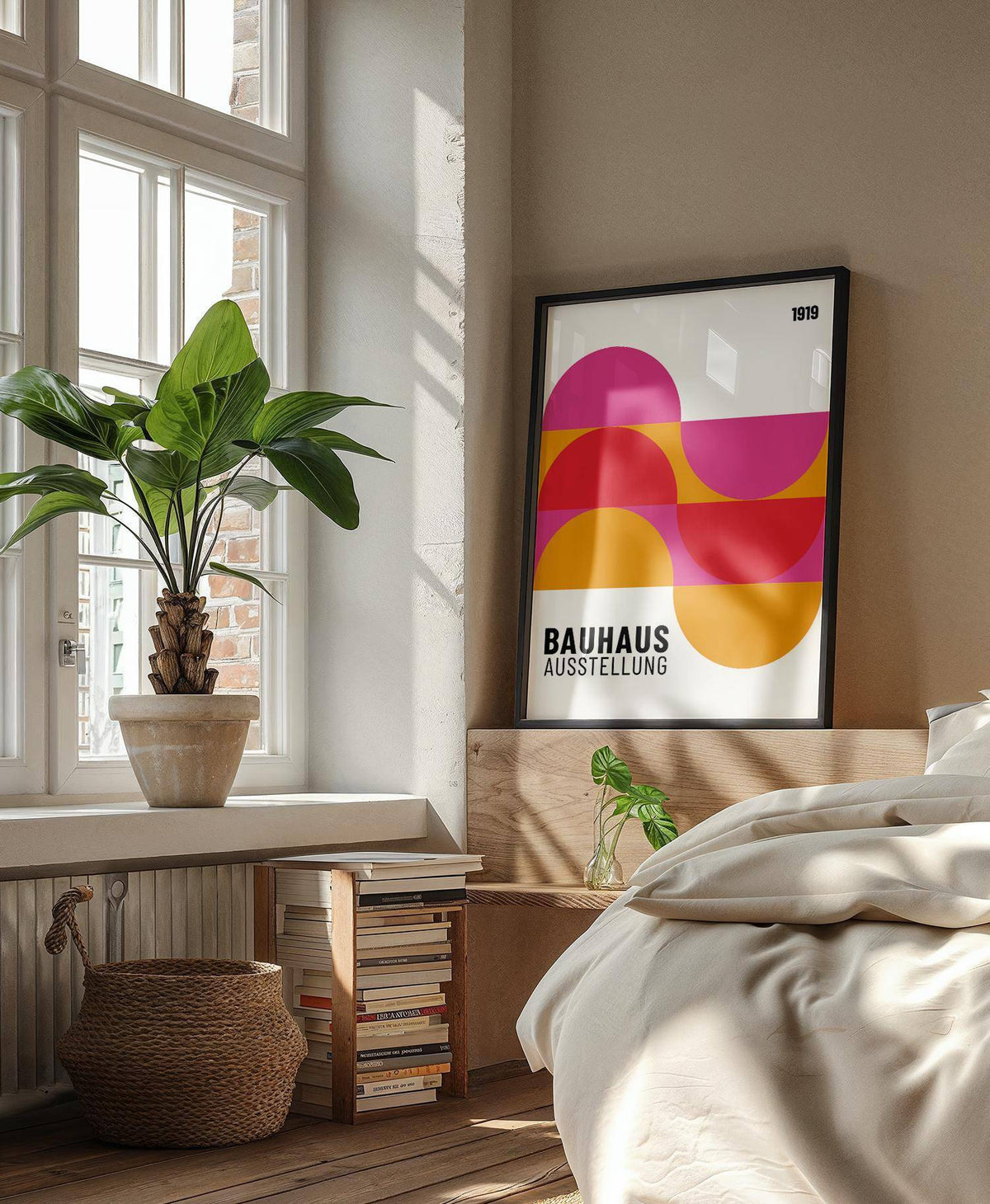 Large artwork for walls with semi-circles in pink red and orange leaning on a wooden headboard in a bedroom
