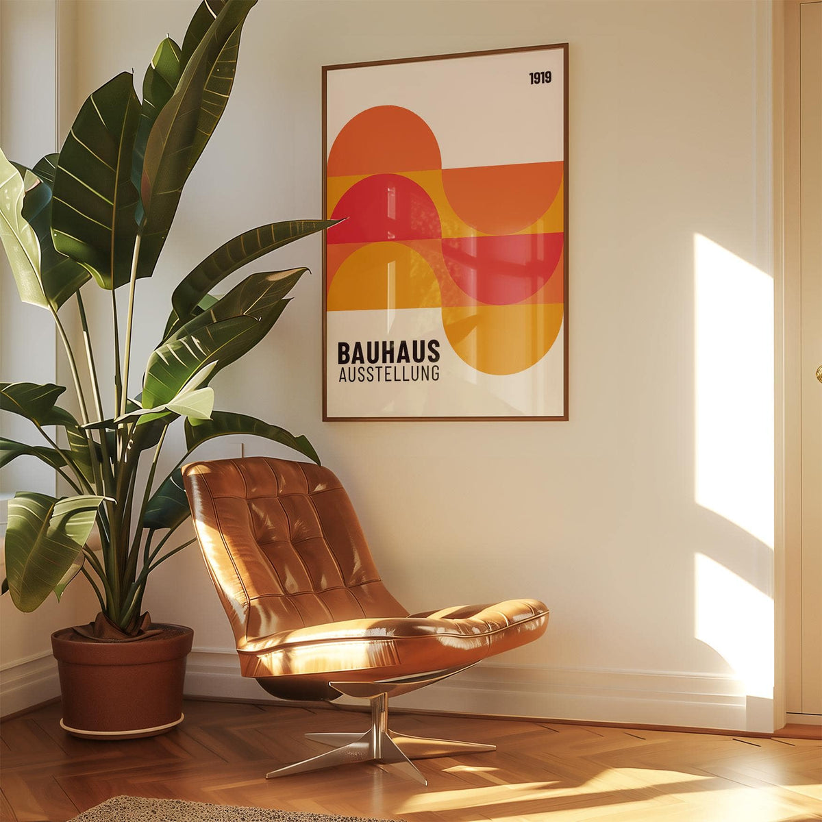 Inexpensive Artwork in a sunlit room with abstract geometric shapes in orange and red above a leather chair and large green plant