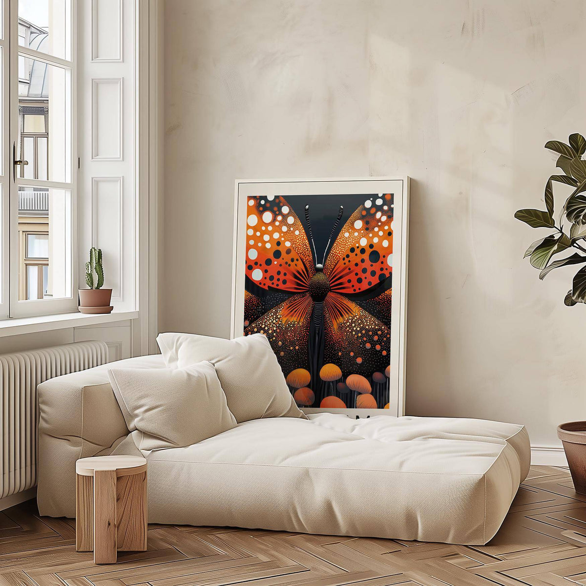 Abstract Butterfly Art print leaning against a beige wall with beige and white cushions on a sofa and a green plant nearby
