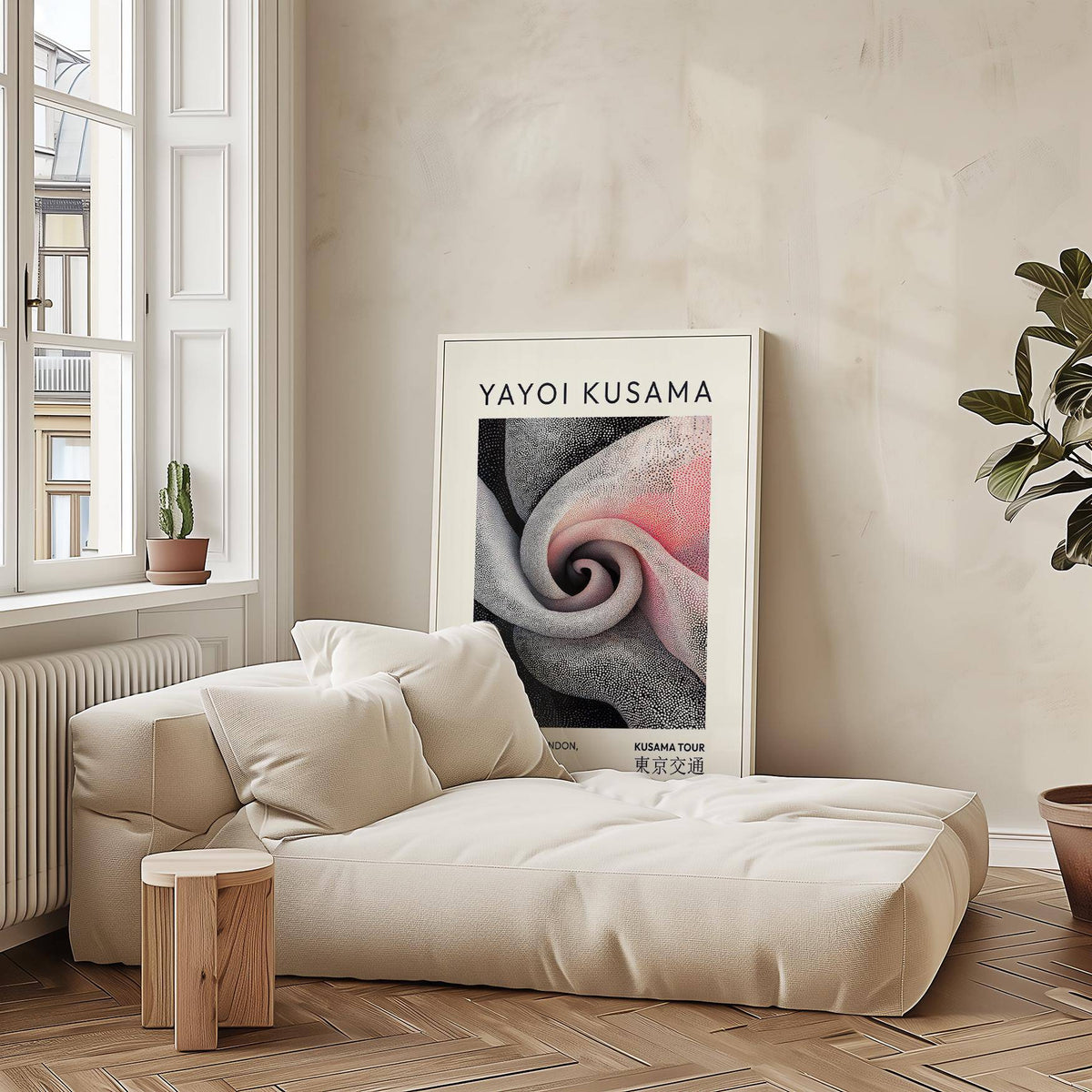 Luxury wall art for living room leaning on wall beside cream sofa and wooden side table