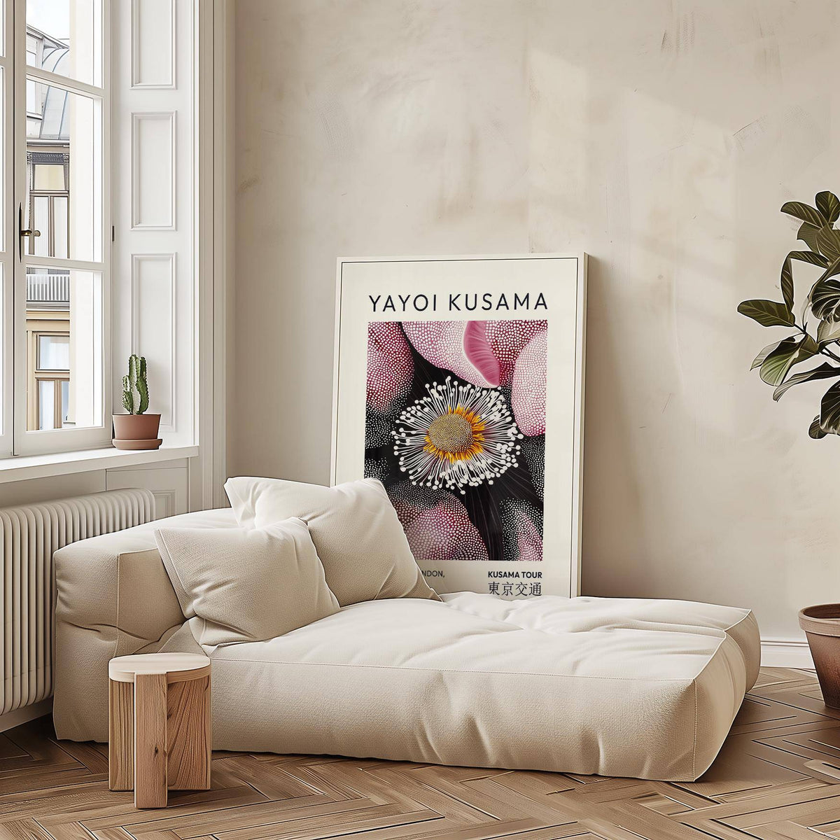 Pictures Living Room Wall print leaning on the floor abstract pink flower with white and yellow details near a cream sofa