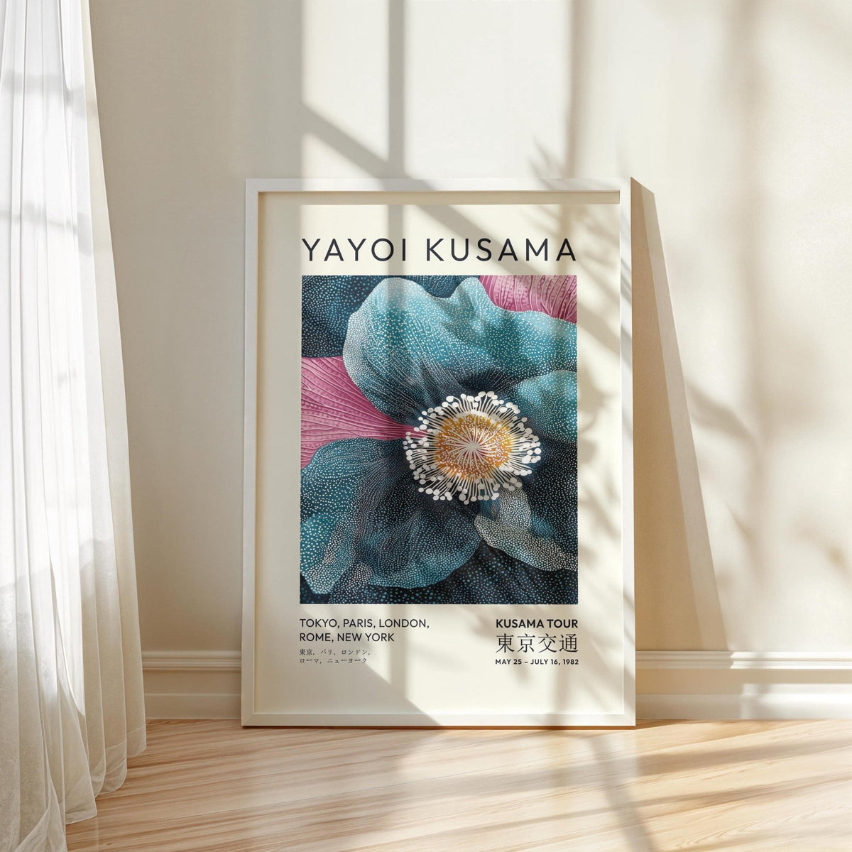 Blue Flower Artwork framed print close-up showing detailed botanical illustration with blue and pink petals on a wooden floor