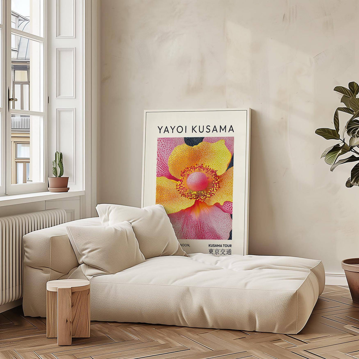 Floral art prints leaning on floor by beige sofa with yellow and pink flower illustration