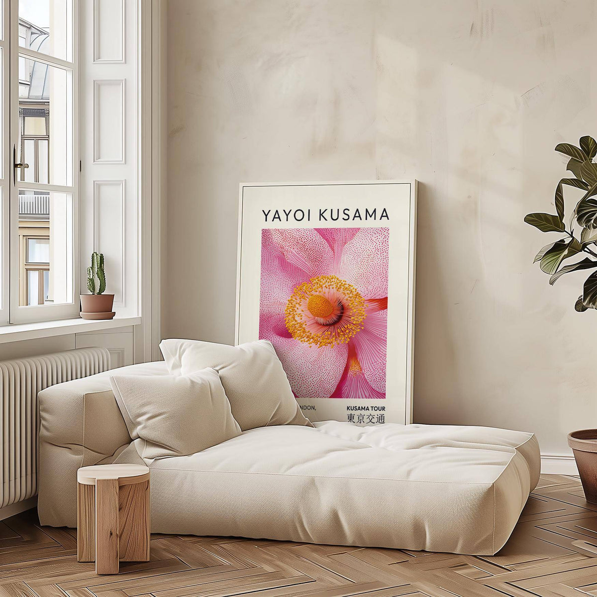 Abstract Pink Wall Art leaning on floor with beige sofa and wooden side table