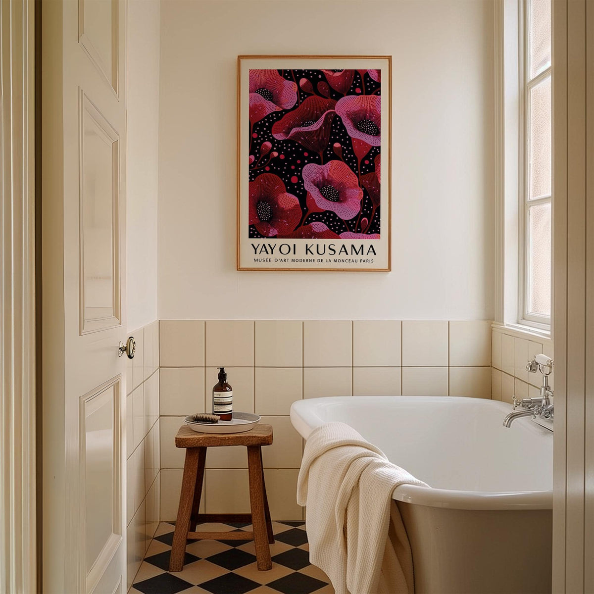 Wall Art in Pink of stylized poppies in pink and red above bath with stool in a bathroom