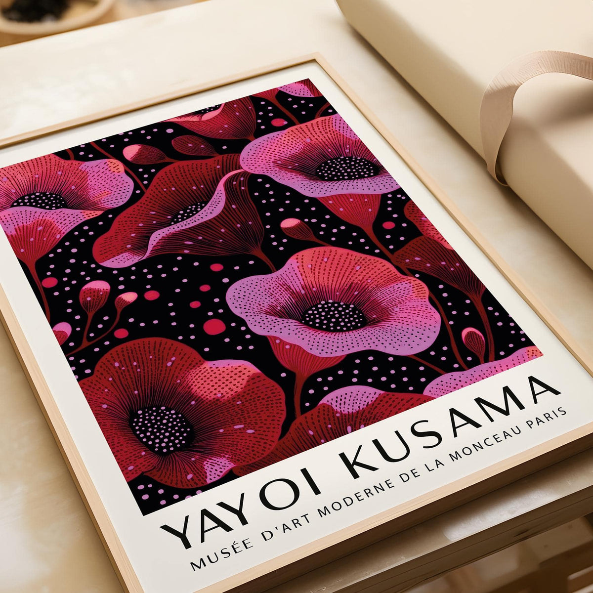 Framed close-up of pop-art pink and red stylized poppies with text below on cream surface