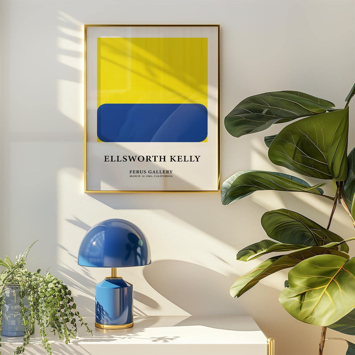 Minimalist artwork with yellow square and blue rounded rectangle framed above blue lamp and green plants