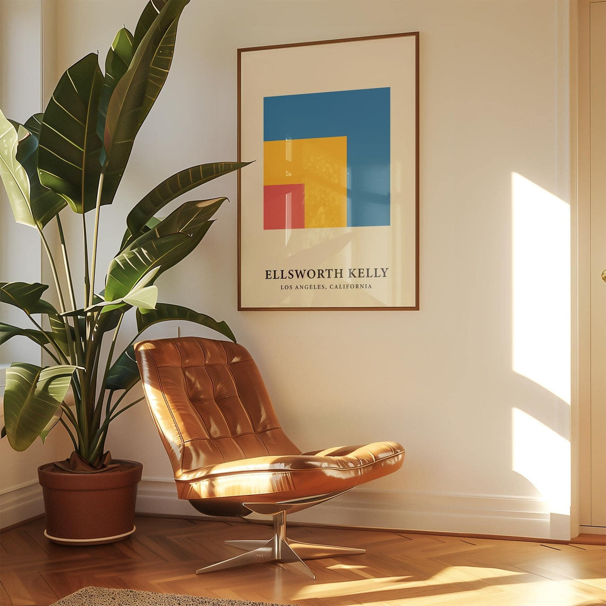 Modern Minimal Wall Art with colourful nested squares in an airy room with leather chair and large plant