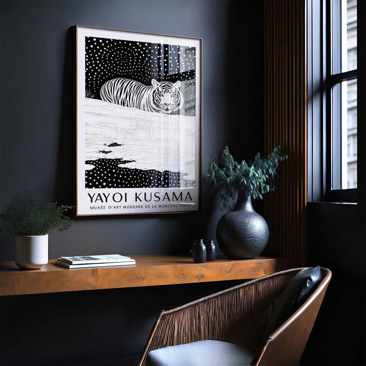 Snow Tiger Print on a dark wall above a wooden shelf with a silver textured vase and plant