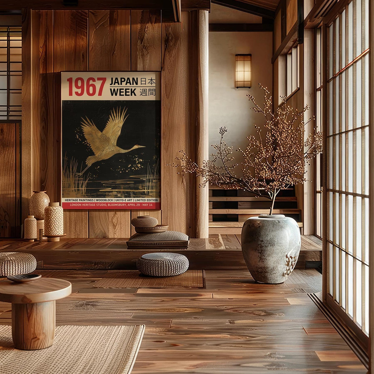 Large Crane Wall Art showing a gold crane flying on black background in a wooden Japanese-style room with a large vase