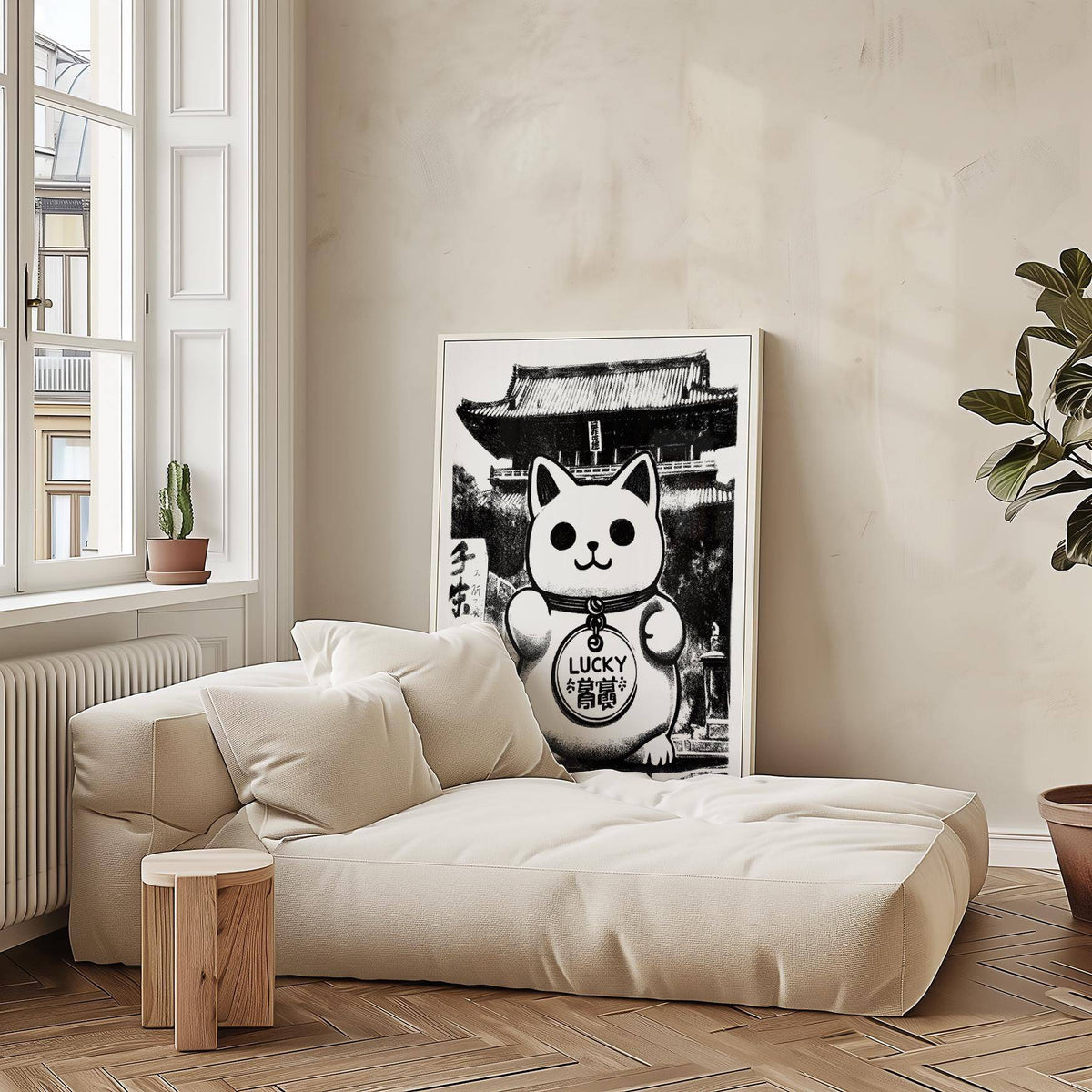 Print leaning on the floor of minimalist lucky cat illustration in black and white with a plant