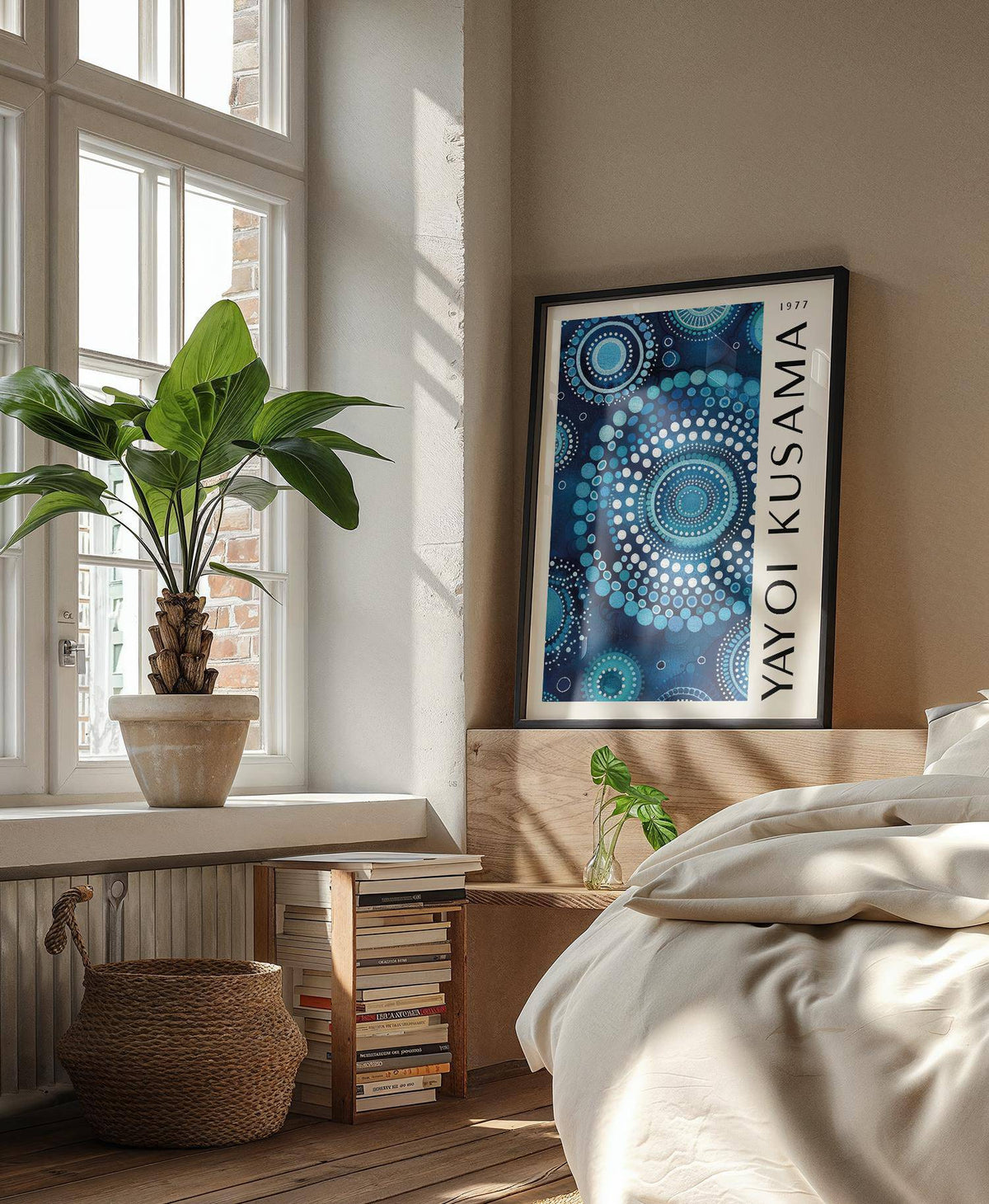 Mandala wall art with blue circular dot pattern leaning on a wooden shelf by a plant
