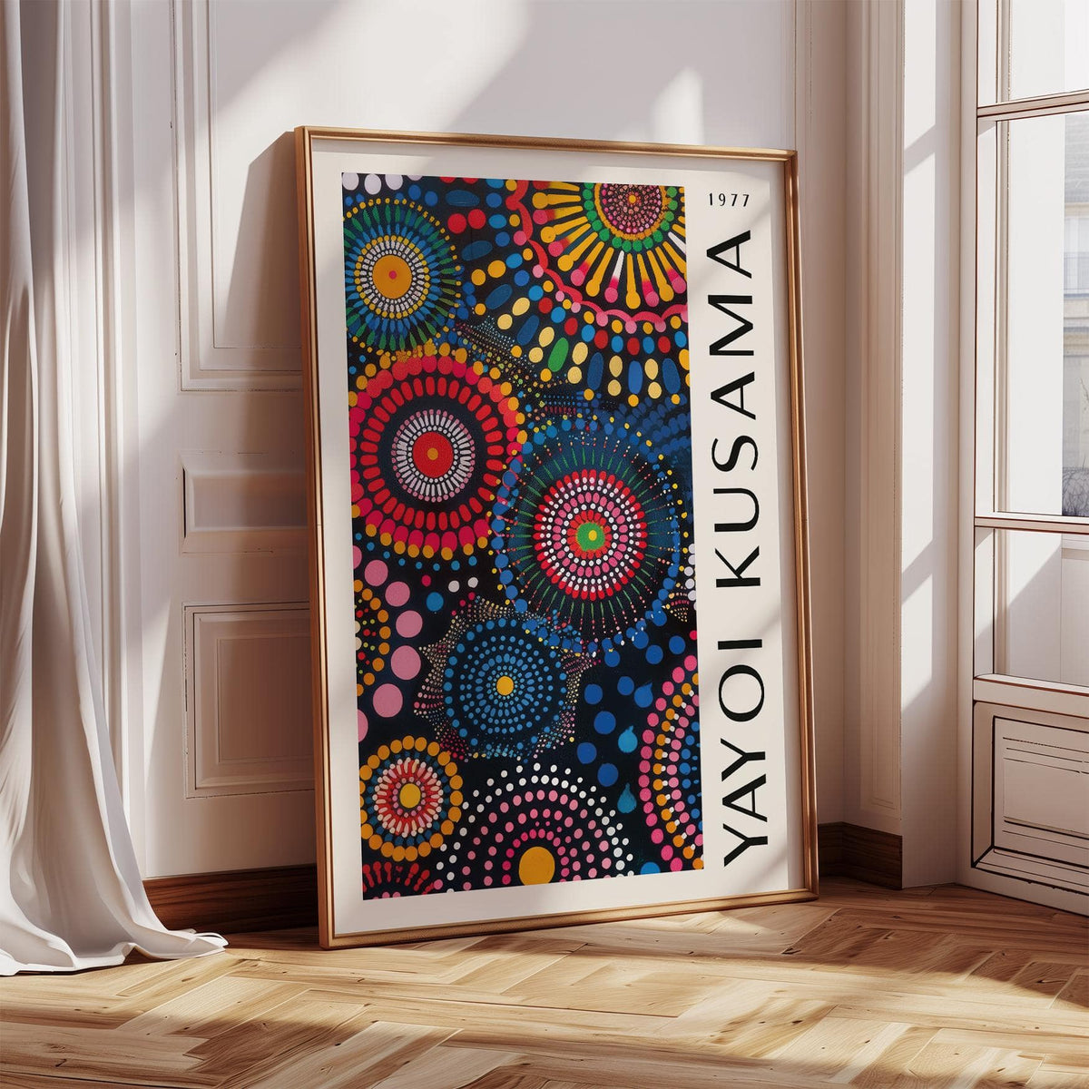 Mandala Art for Wall leaning colourful mandala circles artwork in a light room beside white curtains