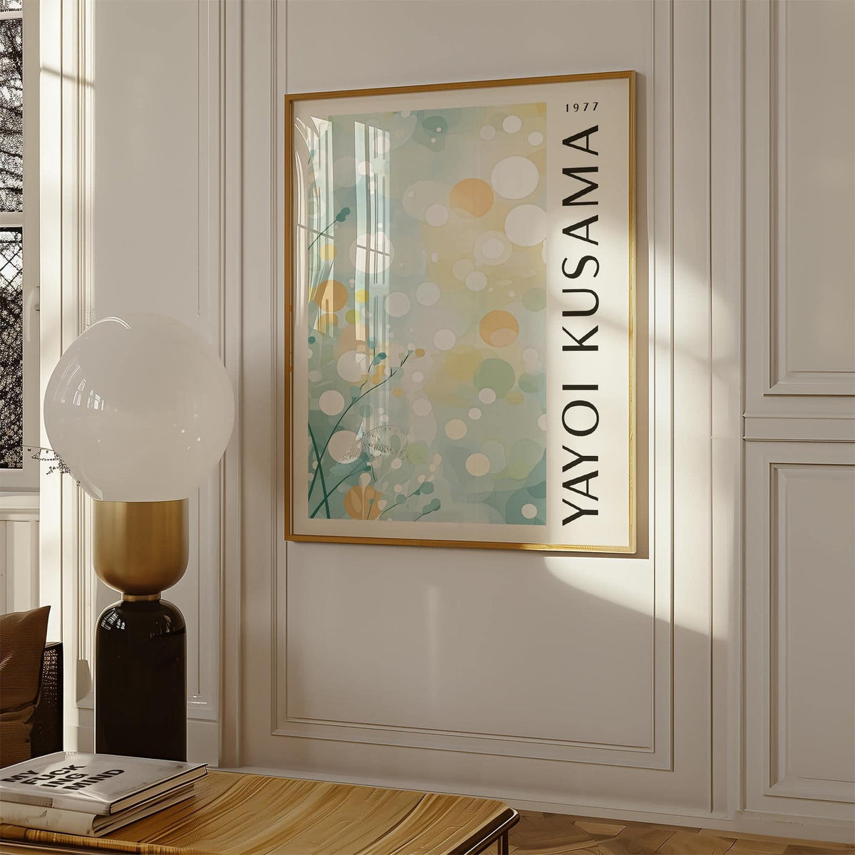 Light Blue Wall Decor framed print with abstract pastel nature in soft blues and yellows with a lamp nearby