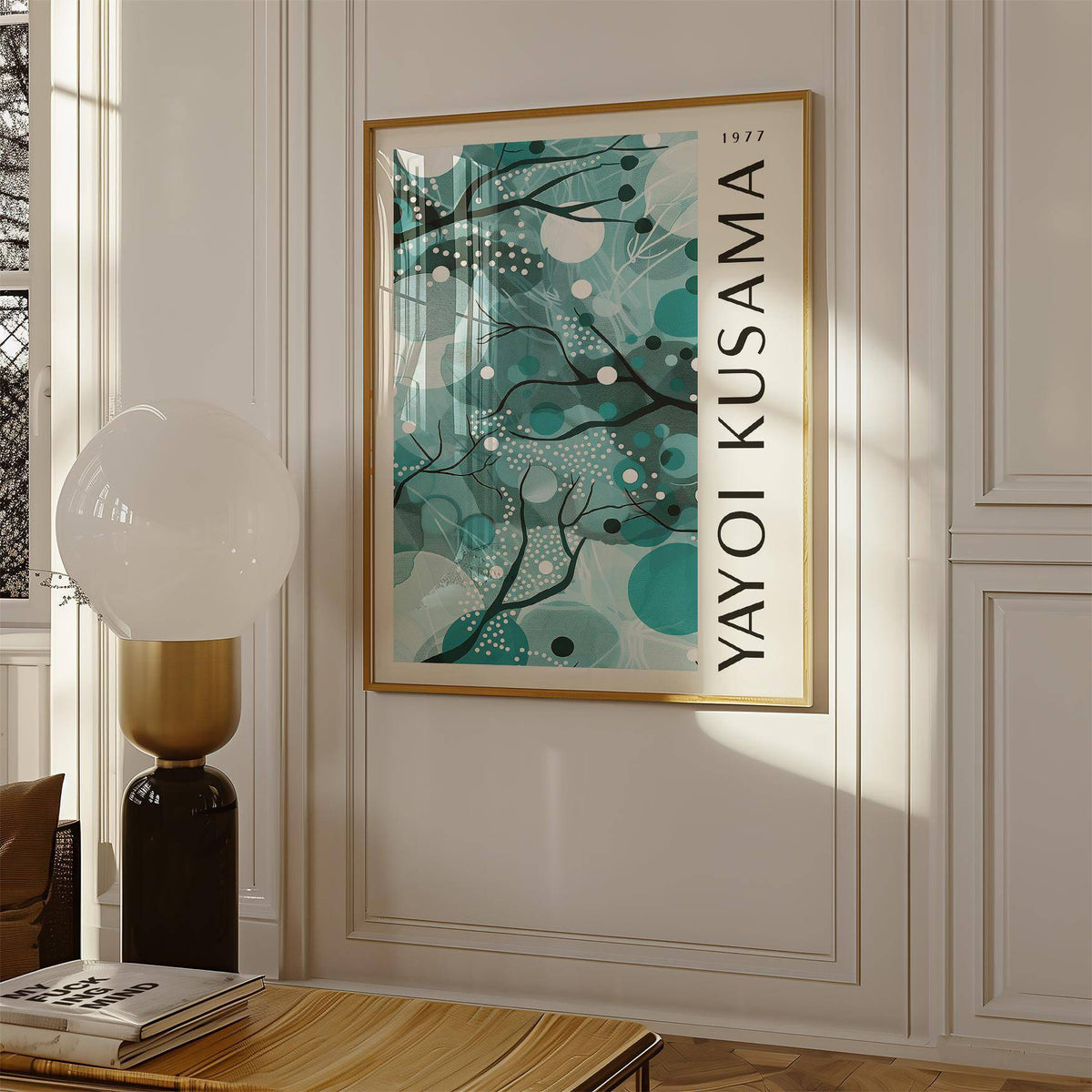 Wall art with teal colours featuring abstract organic shapes in a light-filled living room with a lamp nearby