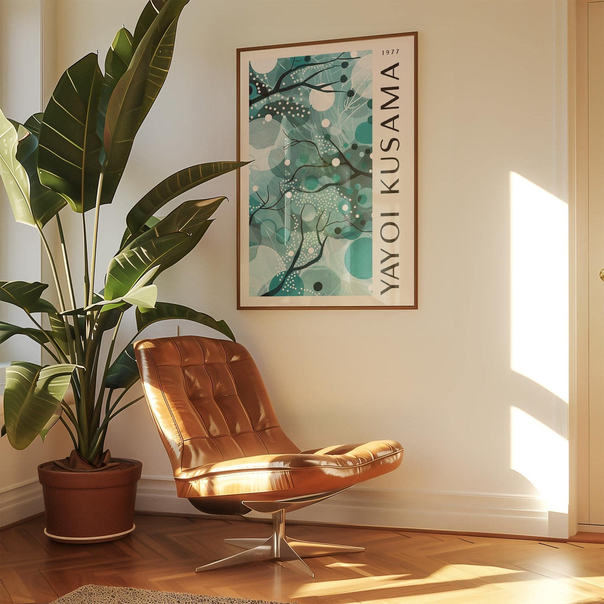 Wall Art with Teal Colors abstract organic shapes in teal and white in a sunlit room with a brown leather chair and large plant