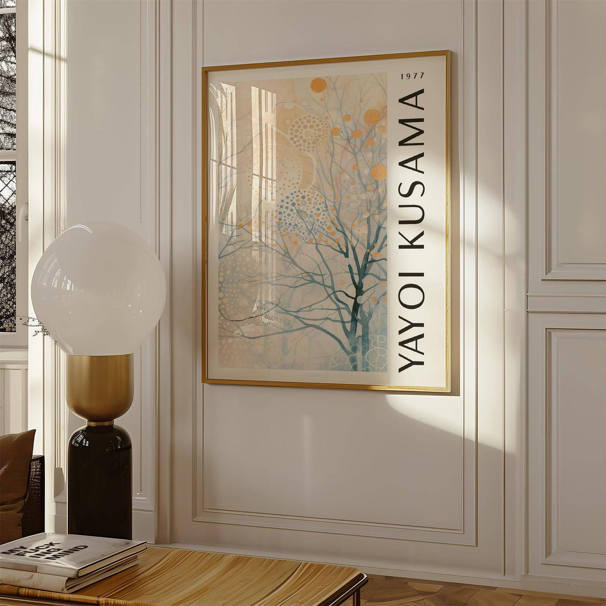 Sitting Room Art framed print of an abstract tree with dots in soft blue and orange hanging on a sitting room wall